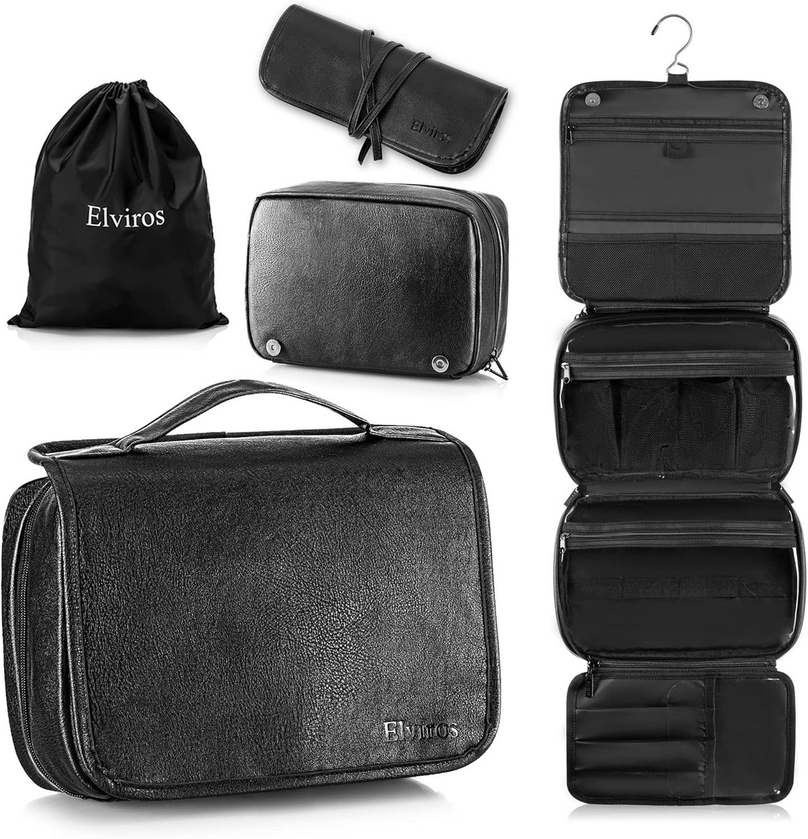 SnelShoppen - Toilettas voor Mannen en Vrouwen - Grote Waterdichte PU Leren Toiletry Bag met Haak - Reistassen voor Makeup en Verzorging - Zwart 28x22
