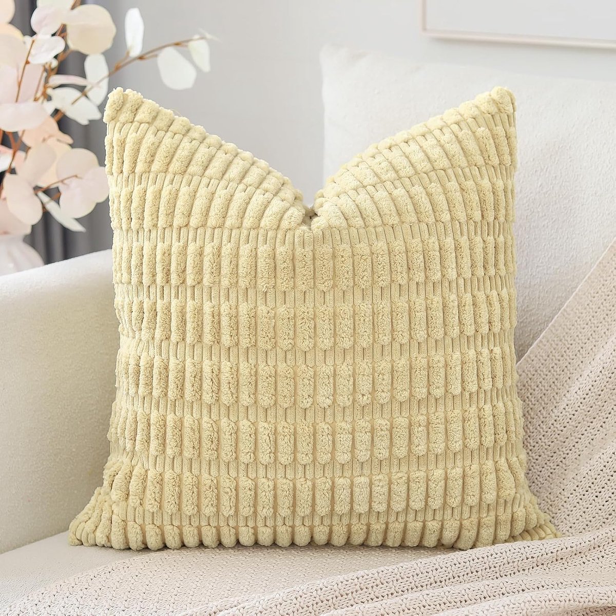 SnelShoppen - Corduroy Kussenhoes 50x50 cm - Superzacht Boho Gestreept Vierkant Dekbedovertrek - Modern Decoratief voor Bank, Slaapkamer, Auto, Beige