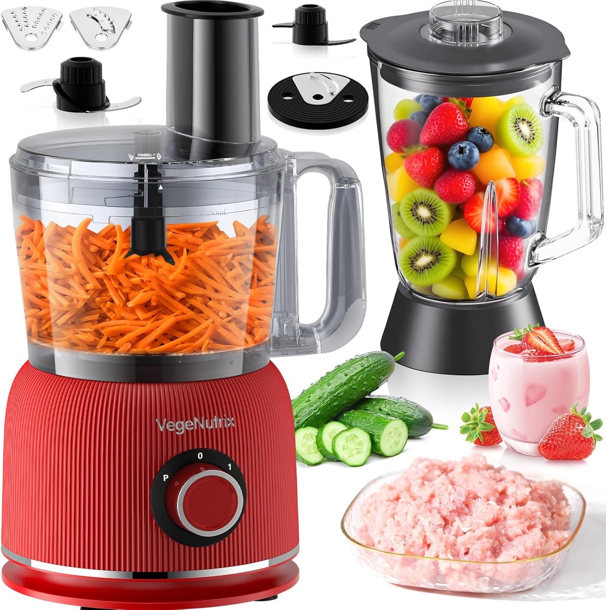 SnelShoppen - 1500W Foodprocessor en Blender Combinatie - 2.5L Hakker voor Vlees, Groenten en Deeg - 2L Glas Blender met 2 Snelheden en Pulsefunctie v