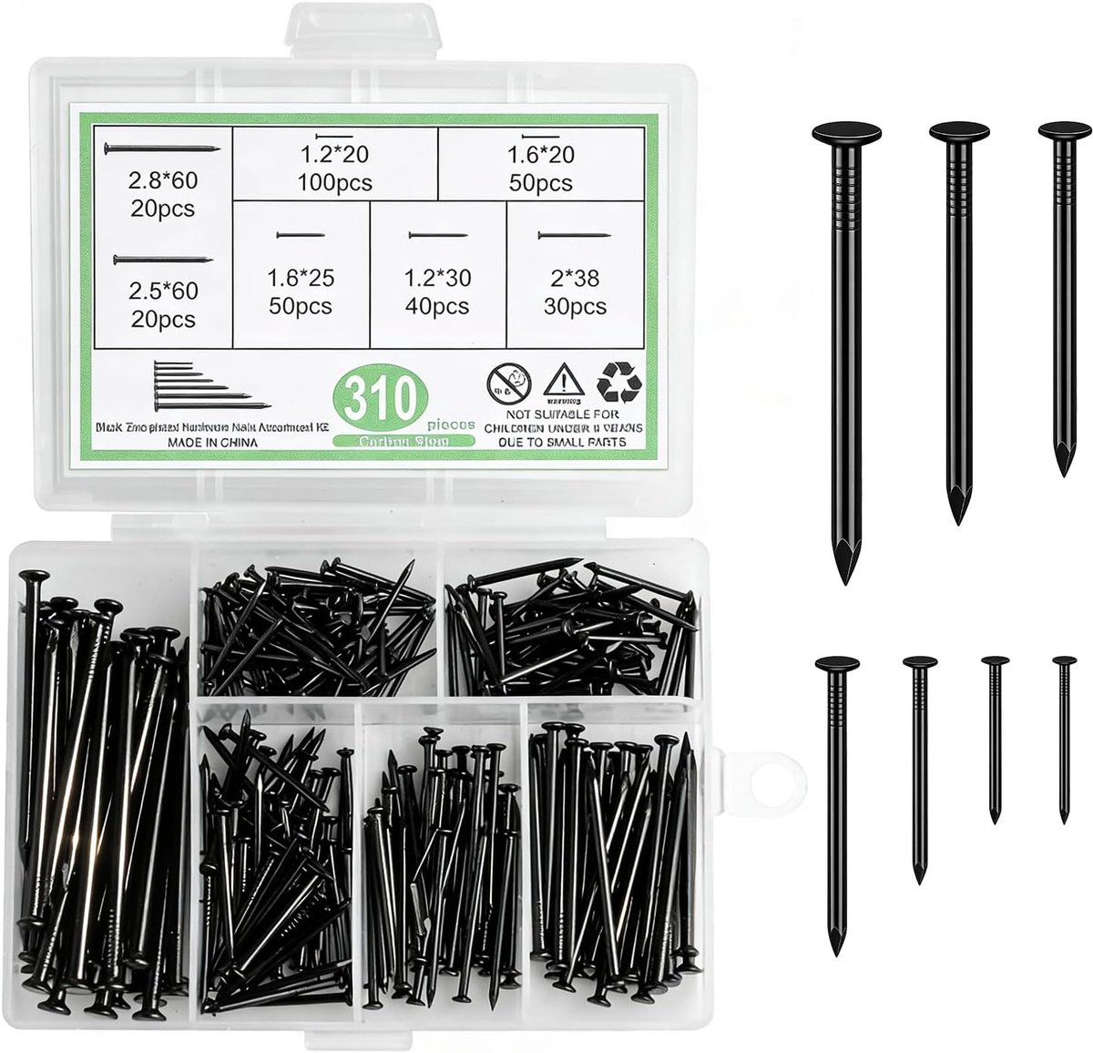SnelShoppen - 310-delige Stalen Spijkerset, Hangspijkers voor Foto's, Assortiment Hardware Spijkers voor Betonmuren, Gipsplaten, Houten Spijkers, Crea