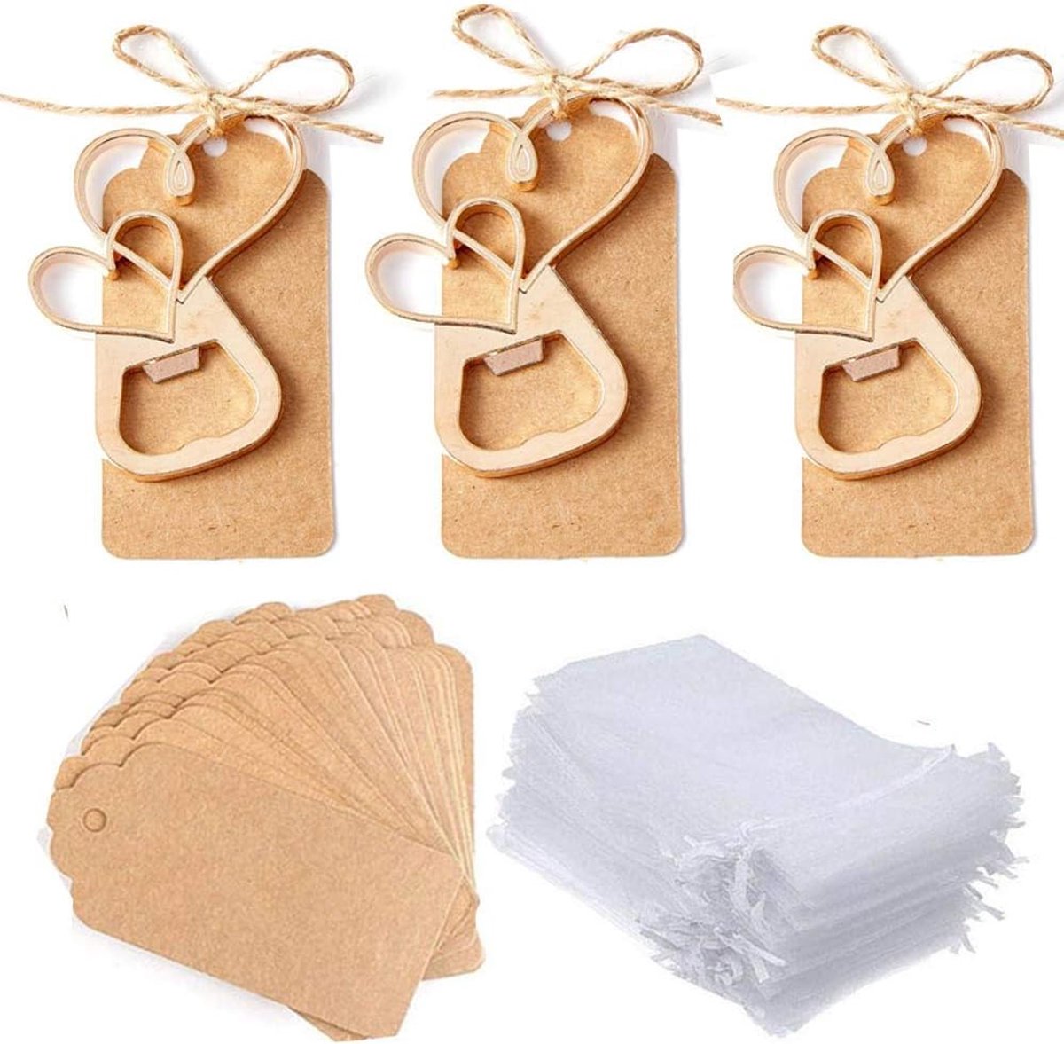 SnelShoppen - 30 Stuks Hartvormige Flessenopeners met Transparante Labels en Kaarten voor Bruiloft, Feest, Kerstcadeaus, Vintage Kraftpapier, Jute Tou