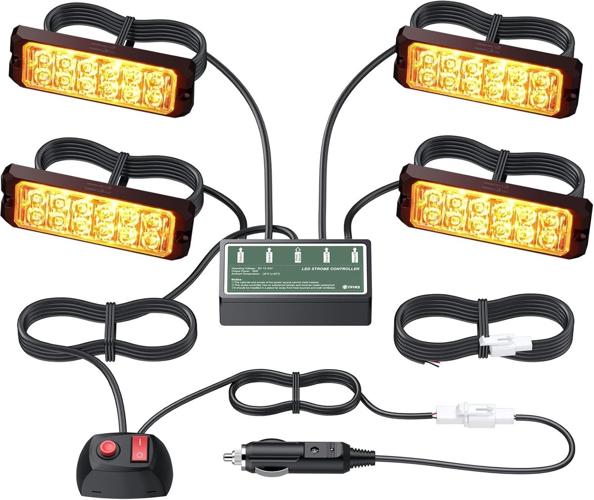 SnelShoppen - 4 x 12 LED Front Flash Strobe Waarschuwing Licht, Oranje, 48 W, IP68 Waterdicht, 8 Modus voor 12/24 V, Truck, Heftruck, Veiligheid, Nood