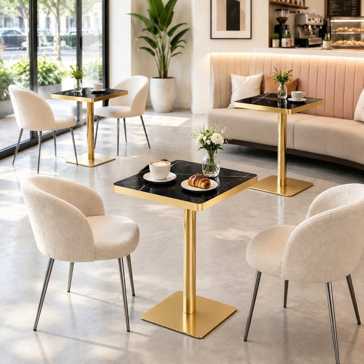 HAUSS SPOLE Eettafel - Vierkante Tafel Met Marmerlook En Gouden Rand - Voor Eethoek Of Caféruimte - MDF En Metaal - 60x60x74 Cm - Zwart