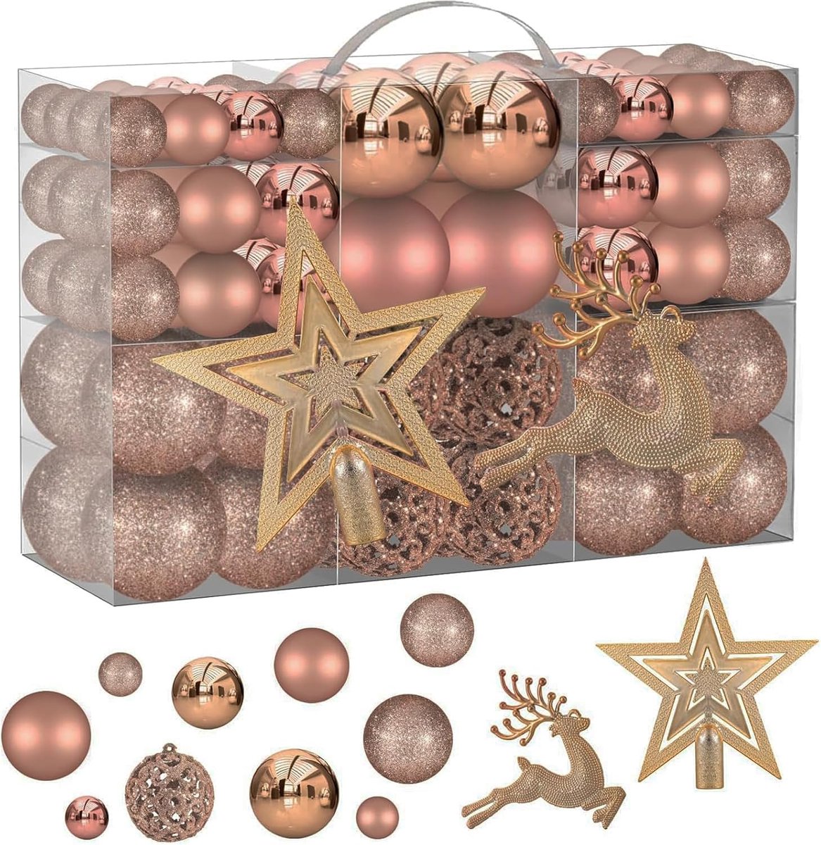 SnelShoppen - 102-delige Set Roze Gouden Kerstballen Shatterproof Kerstboomdecoraties - Inclusief Boompunt, Rendier en Herbruikbare Gift Boxes - Perfe