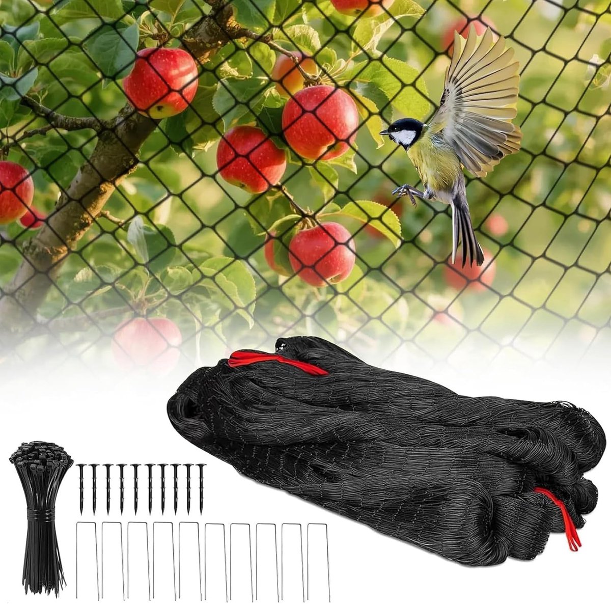 SnelShoppen - Bird Protection Net 7.5x15m, Zwart, 5cm Mesh, Duurzaam Nylon, Bescherming voor Kippen, Fruitbomen en Groenten, UV-bestendig, Compleet me