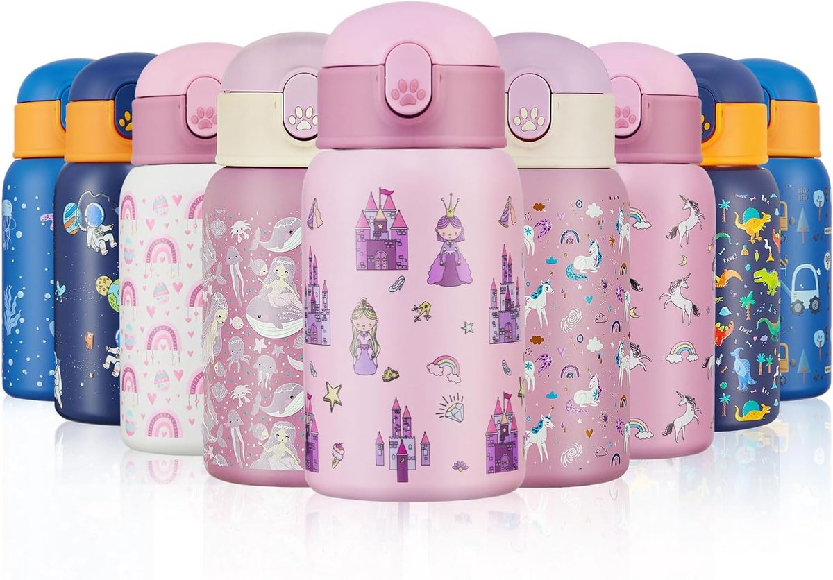Thijox - Kids Waterflessen met Rietje 400ml Geïsoleerde Roestvrij Staal Dinosaurlijn BPA-Vrij Herbruikbare Metalen Waterfles voor Kinderen - Houdt 6u
