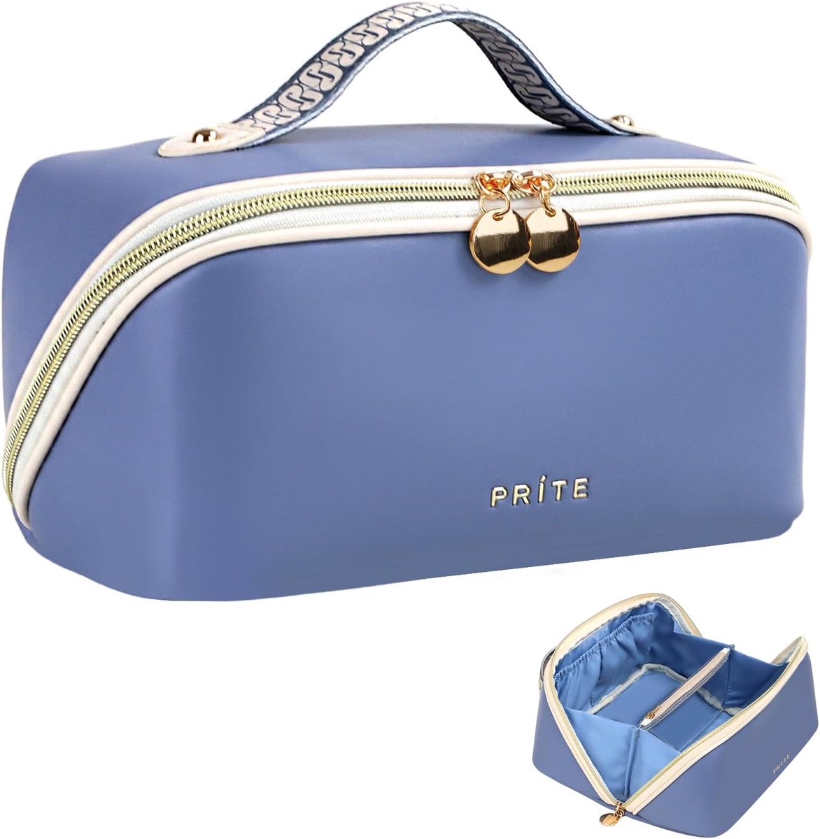SnelShoppen - Grote Cosmetica Tas, Draagbare Toilettas, Waterdichte Make-up Tas met Transparante Scheiding en Handvat, Blauw, M, 2 Compartimenten, Rui
