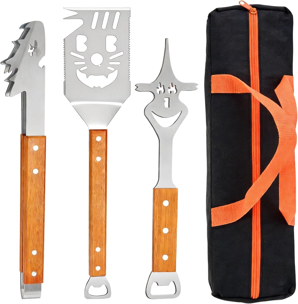 SnelShoppen - Grill Cutlery Set 3-delig RVS met Houten Handvat - Grilltangen, Grillspatel, Vleesvork - Perfect voor BBQ, Camping, Tuin, Keuken