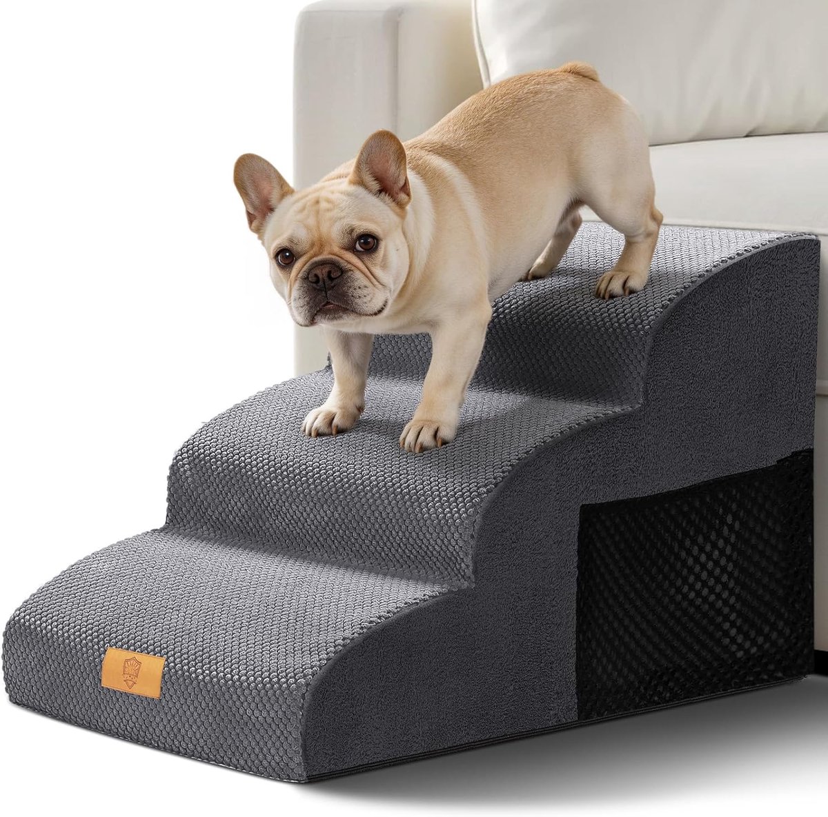 Thijox - Hondentrap Huisdiertrap 3 Treden met Hoge Dichtheid, Antislip, Wasbare Corduroy Overtrek, Grijs, Ideaal voor Kleine Honden en Katten
