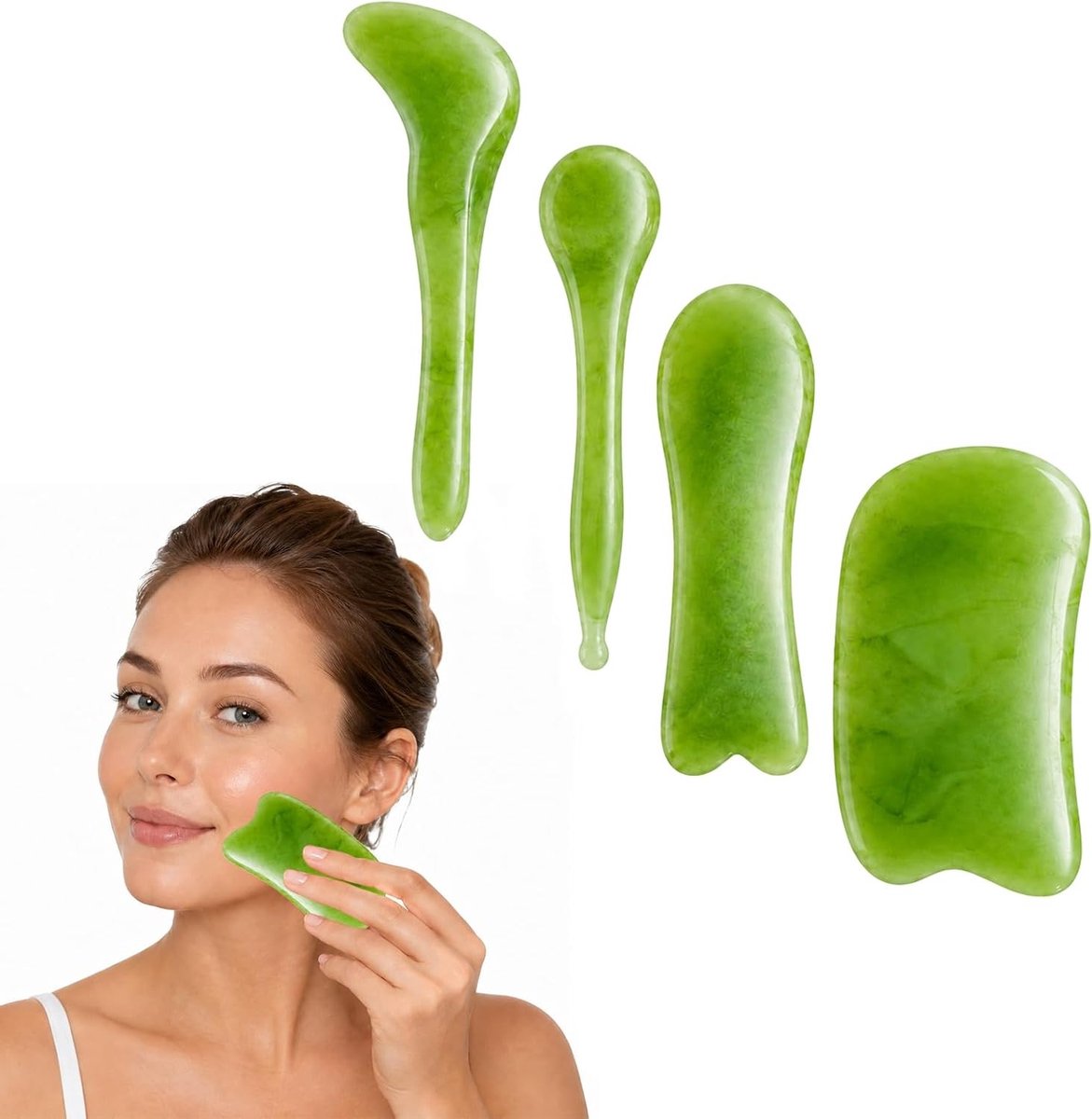 4 Stuks Gua Sha Steenen voor Lichaams- en Gezichtsmassage, Ontspanning en Verjonging, Massageaccessoires voor Thuisgebruik (Groen)