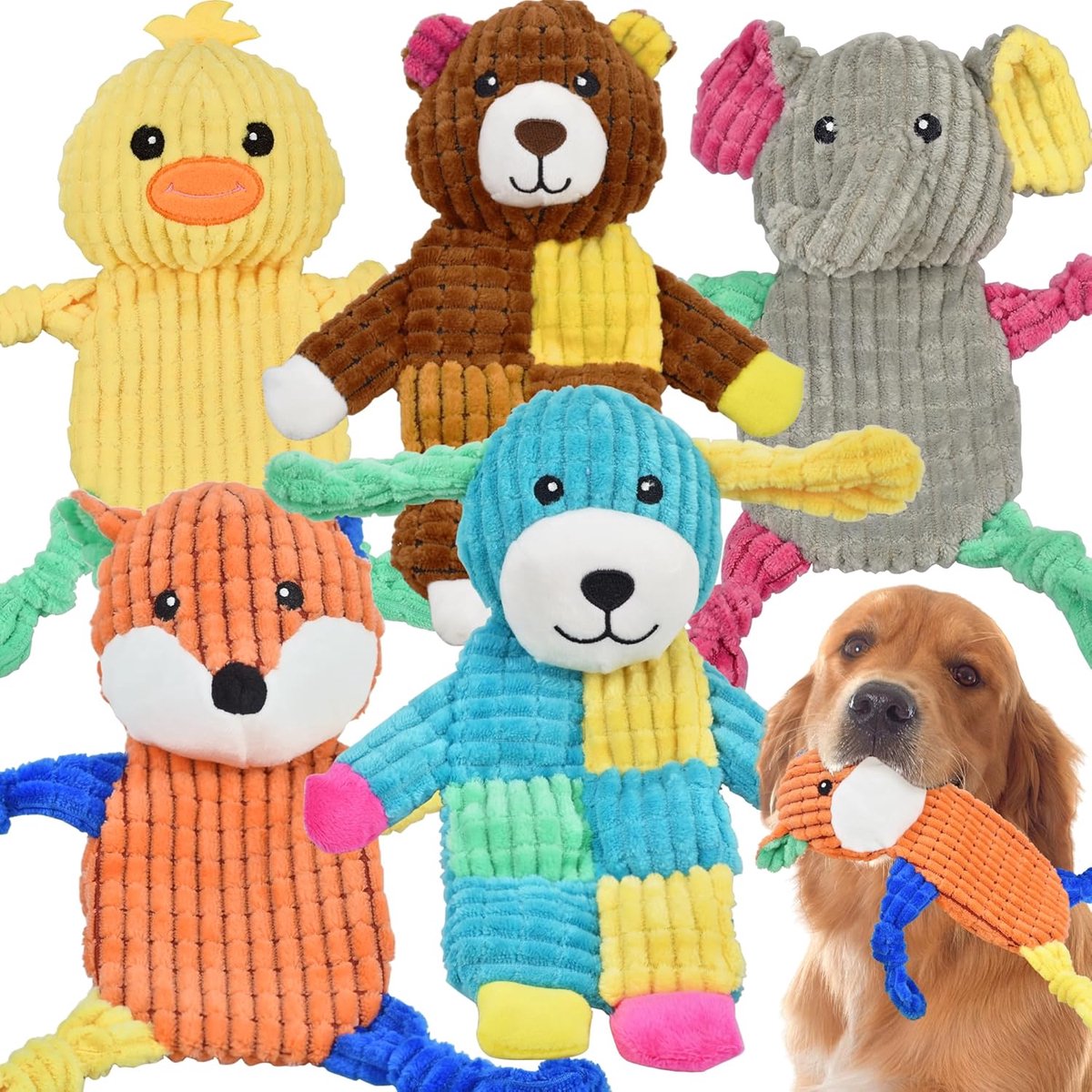 SnelShoppen – 5-delige Squeaky Hondenspeeltjes, Onverslindbare Knuffeldieren, Geschikt voor Grote, Middelgrote en Kleine Honden, Puppy Speelgoed met G