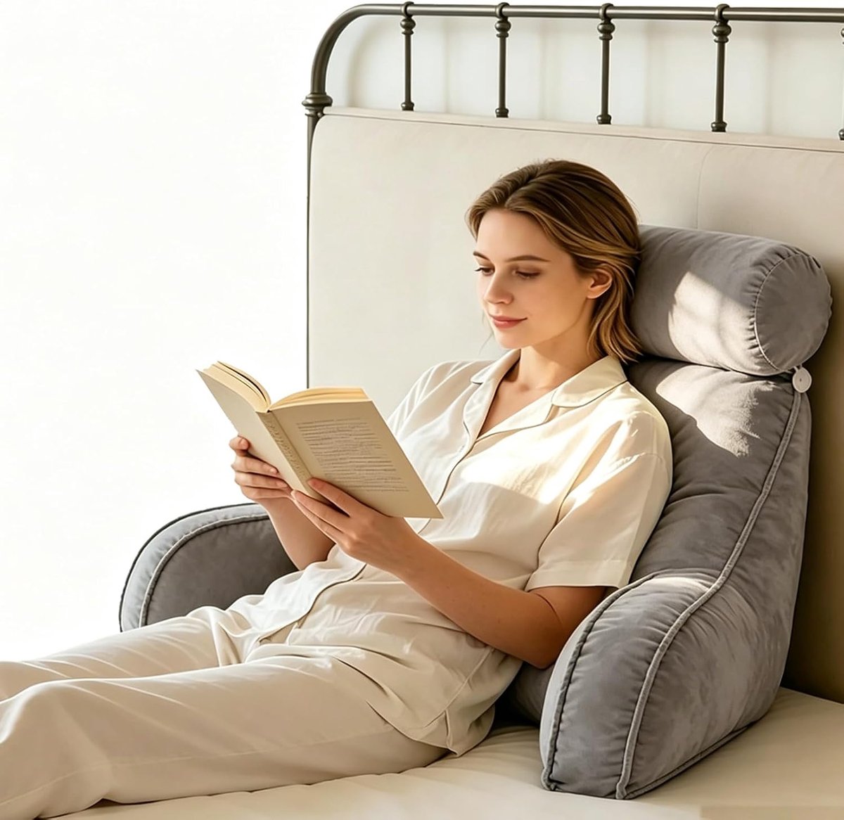 SnelShoppen - Grote Lees Kussen voor Bed en Sofa met Verwijderbare Neksteun, Rugkussen, Ideaal voor Lezen en TV Kijken, Grijs, 75x40x50 cm
