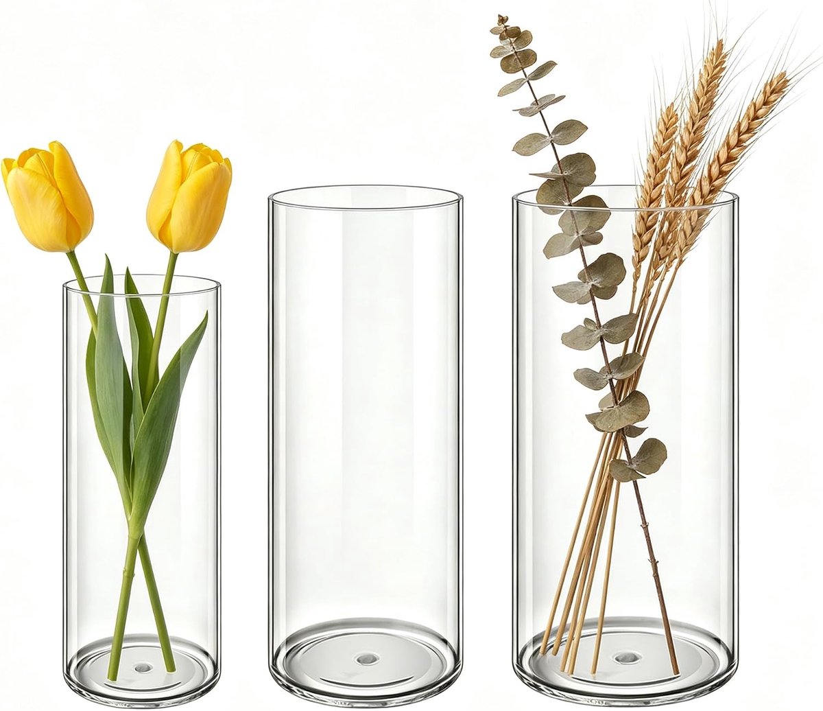 SnelShoppen - Set van 3 Ronde Acryl Vazen, Transparante Onbreekbare Vazen Lichtgewicht voor Vers en Droge Bloemen, Huisdecoratie en Tafeltafelstukken,