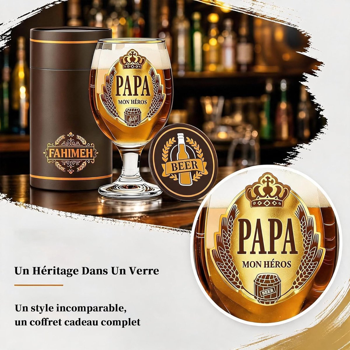 SnelShoppen - Gepersonaliseerd Bierglas voor Vader, 400 ml, Met Coaster, Perfect Cadeau voor Vaderdag, Verjaardag, Kerst, Voor Zoon en Dochter