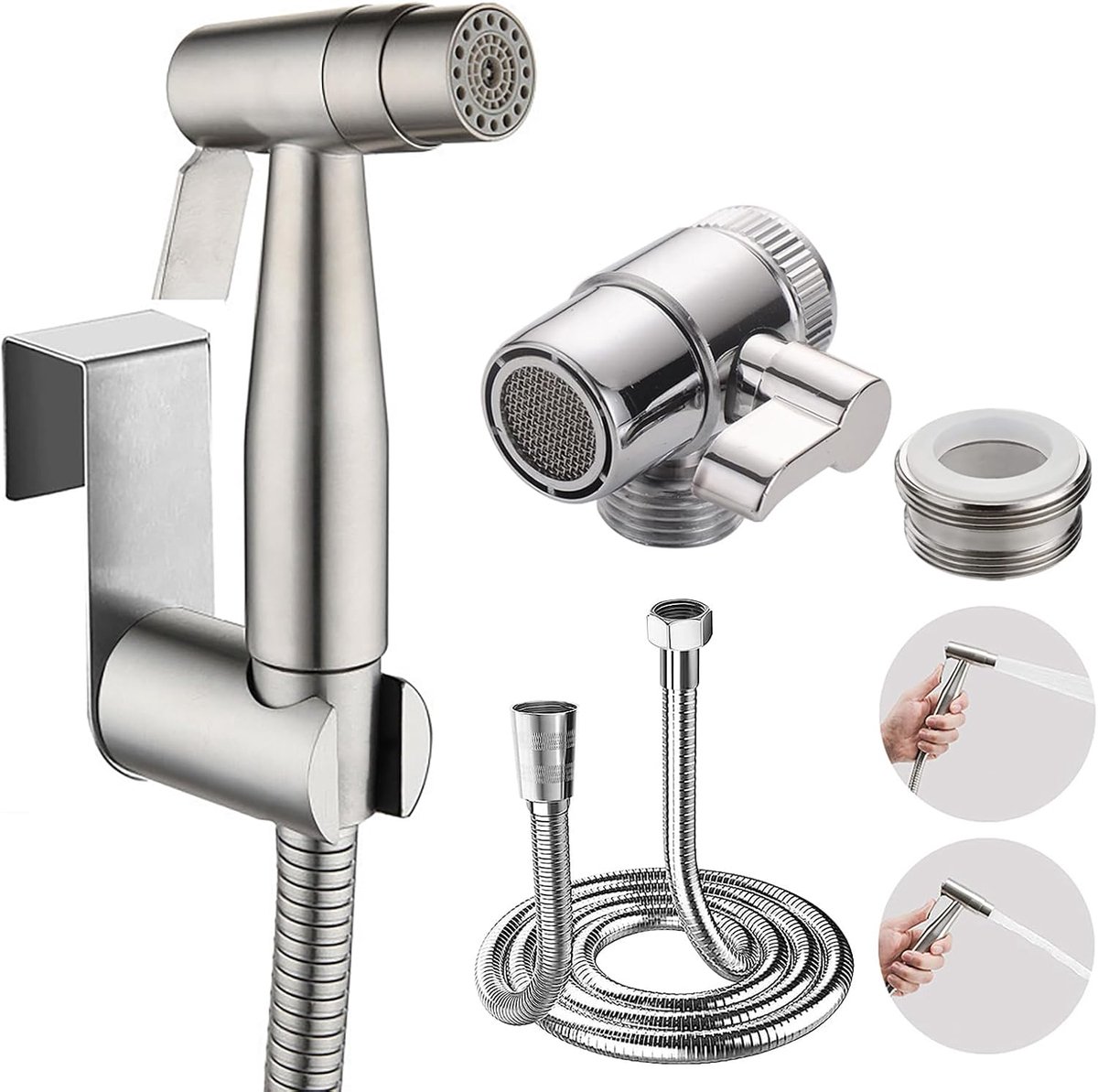 SnelShoppen - Bidet Handdouche RVS, Dual Function Muslim Doucheset met Kraan Dispenser, 150cm Slang en Haak, Wand- of Toiletmontage