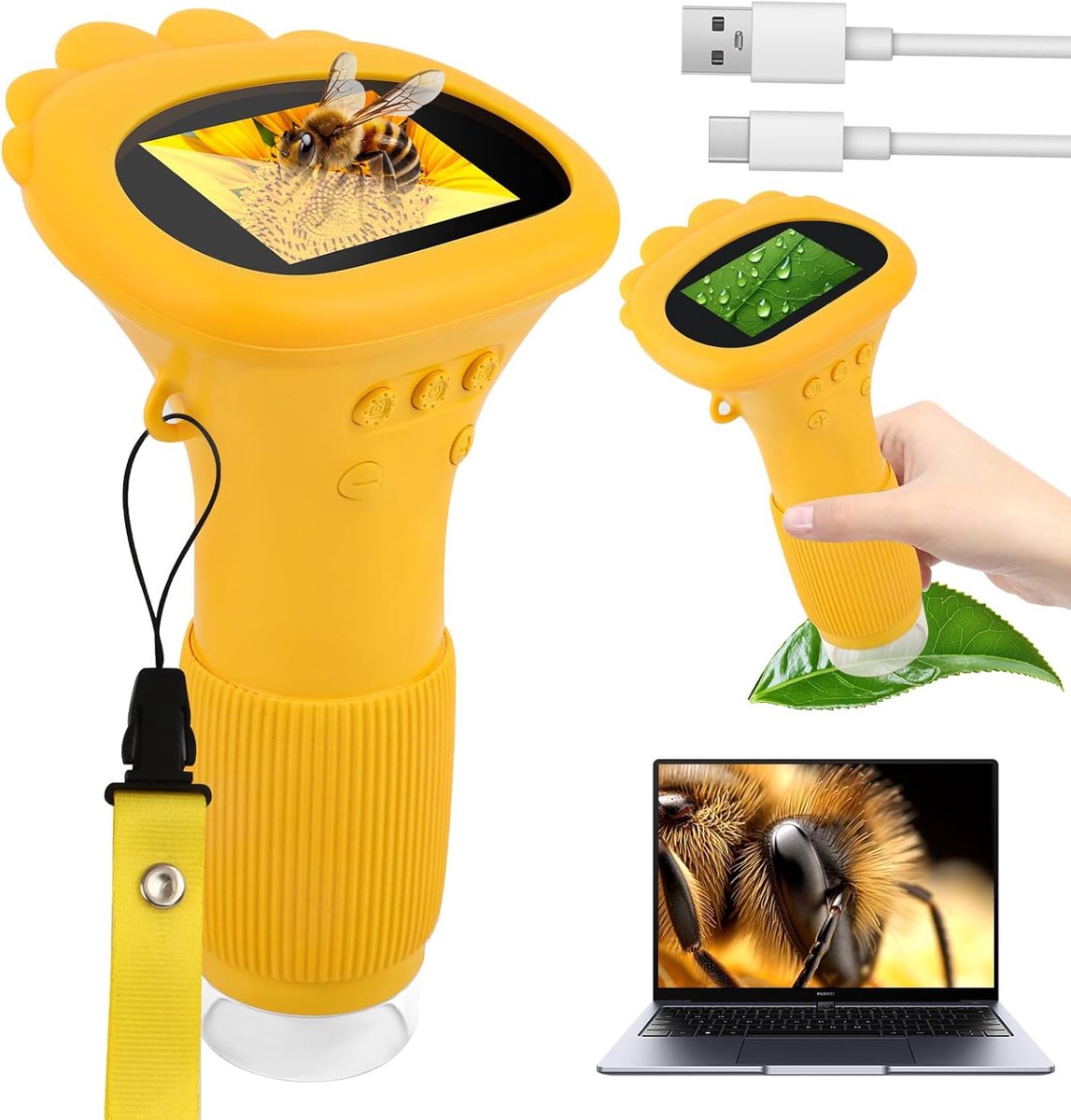 SnelShoppen - Handheld Microscoop voor Kinderen, 1000x Zoom Mini Microscoop Camera, Digitale Microscoop met 2.0 Inch IPS Scherm, USB Verbinding, LED V