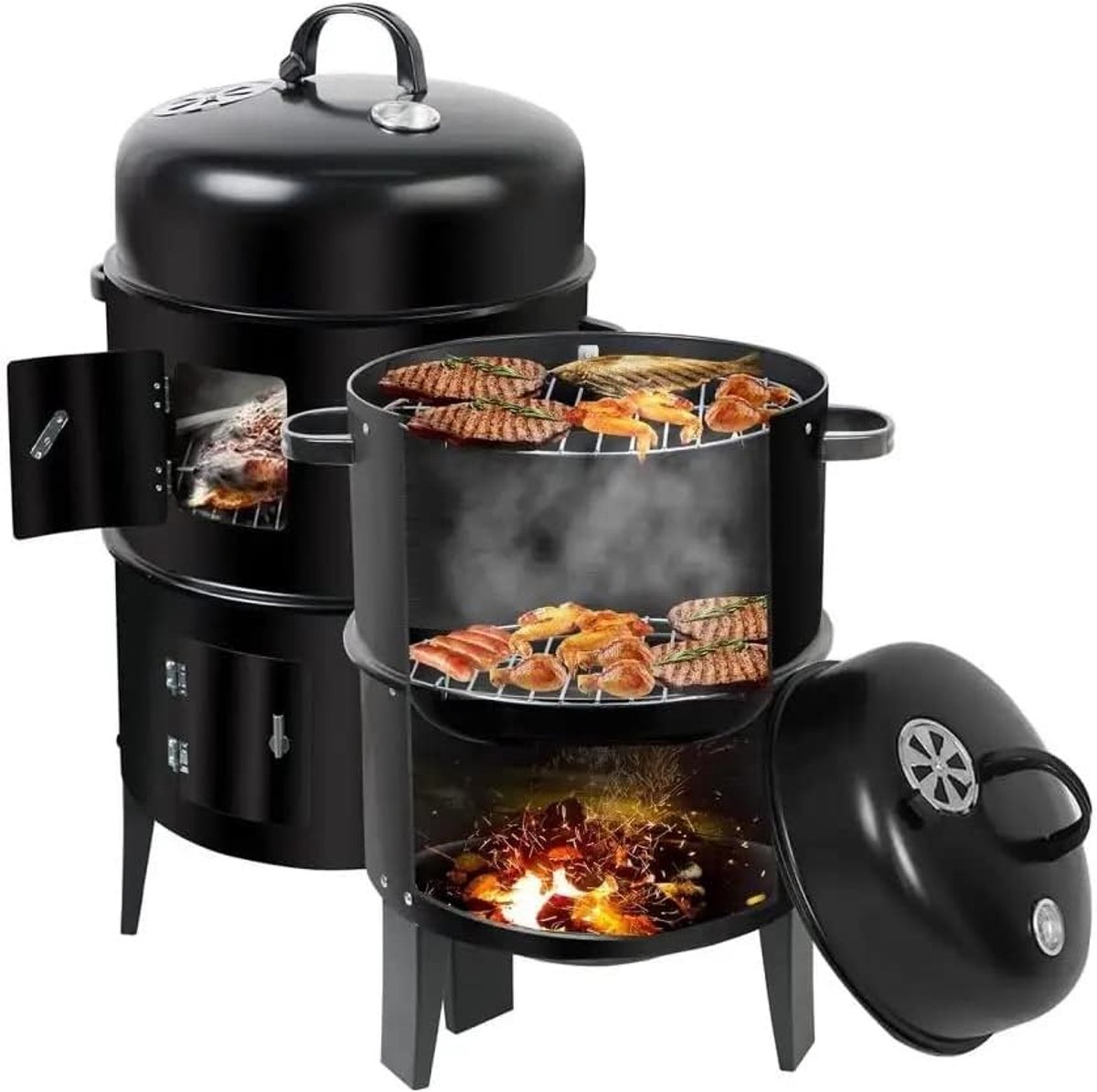 Thijox - 3 IN 1 Houtskool Roker BBQ Grill Met Thermometer - Perfect voor Camping, Tuin, Patio & Feestjes - Compacte Grill voor Roken, Grillen & Barbec