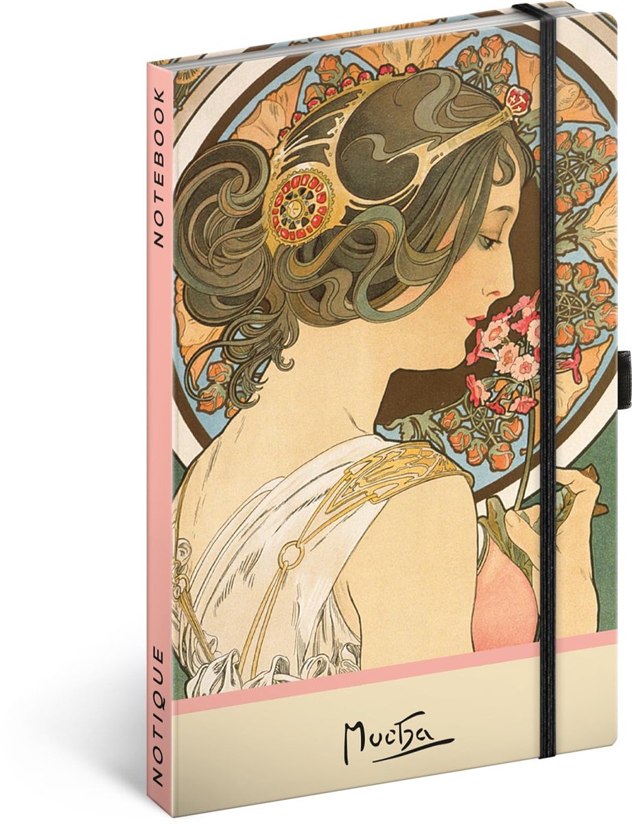 SnelShoppen - Designer Hardcover Notebook A5 13x21cm met elastiek, Notitieboek voor Volwassenen, Notepad, Dagboek, Journal voor Dames, Alphonse Mucha