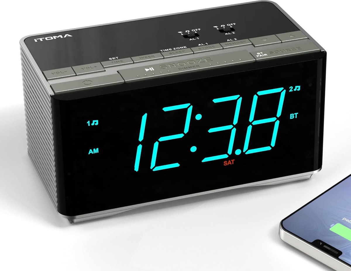 SnelShoppen - Alarm Klok Radio - Bluetooth Stereo Speakers, FM Radio, Dubbele Alarmklok, Snooze, Helderheid Dimmer, USB Opladen voor Slaapkamer en Kan