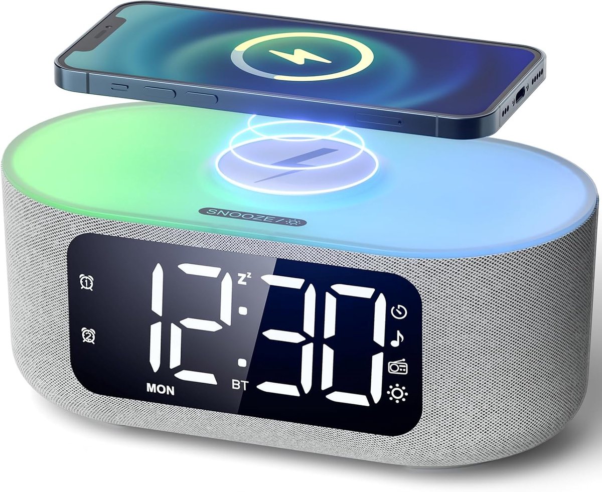 SnelShoppen - Bluetooth Alarm Clock Radio met Draadloze Oplader, Qi 15W, LED Display, 2 Alarmen, Weekend Mode en Slaapgeluiden