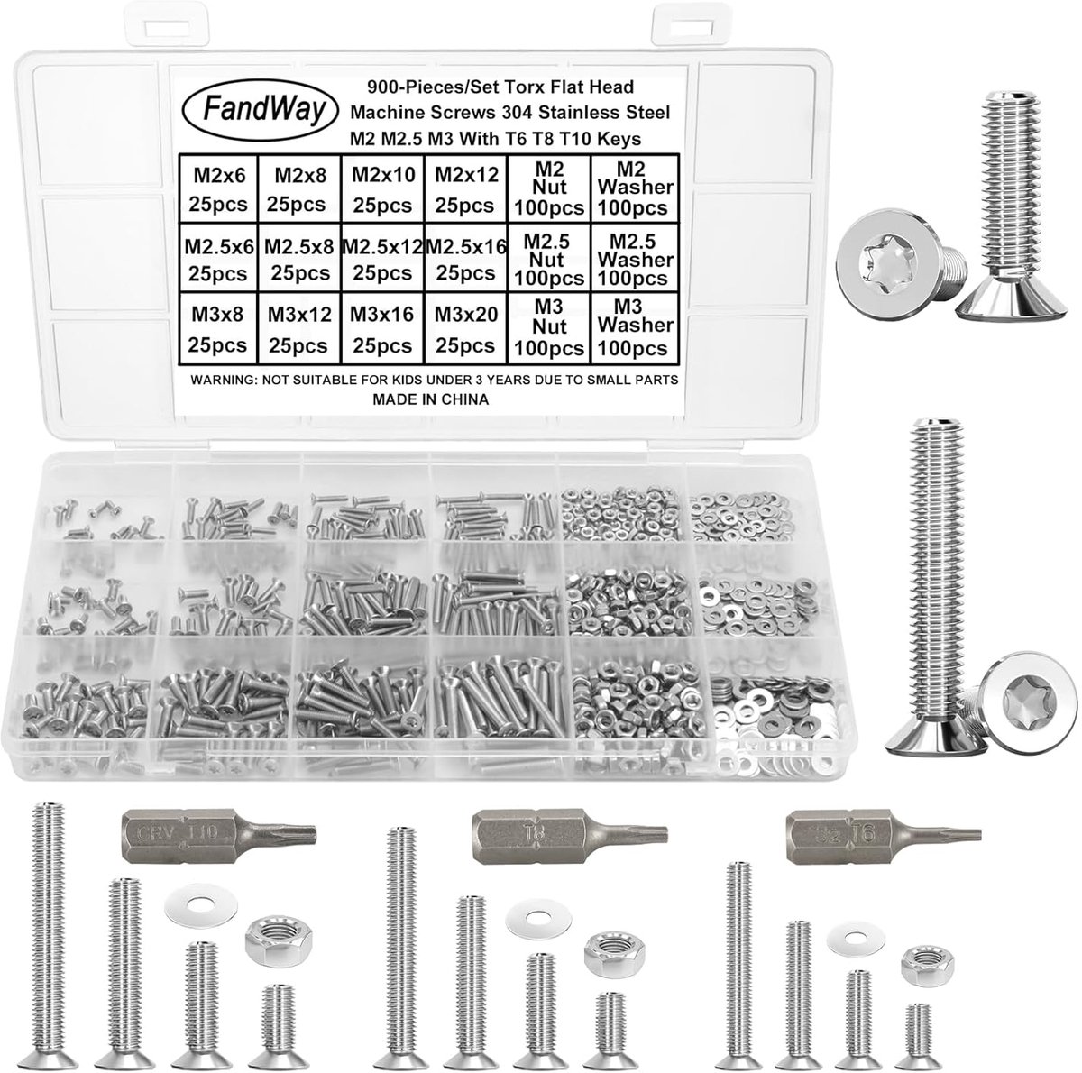 SnelShoppen - 900 Stuks Torx Schroeven Set M2 M2.5 M3, RVS 304 Met Verzonken Hoofd, Platte Hoofd Draad Schroeven, Machine Schroeven Inclusief T6 T8 T1