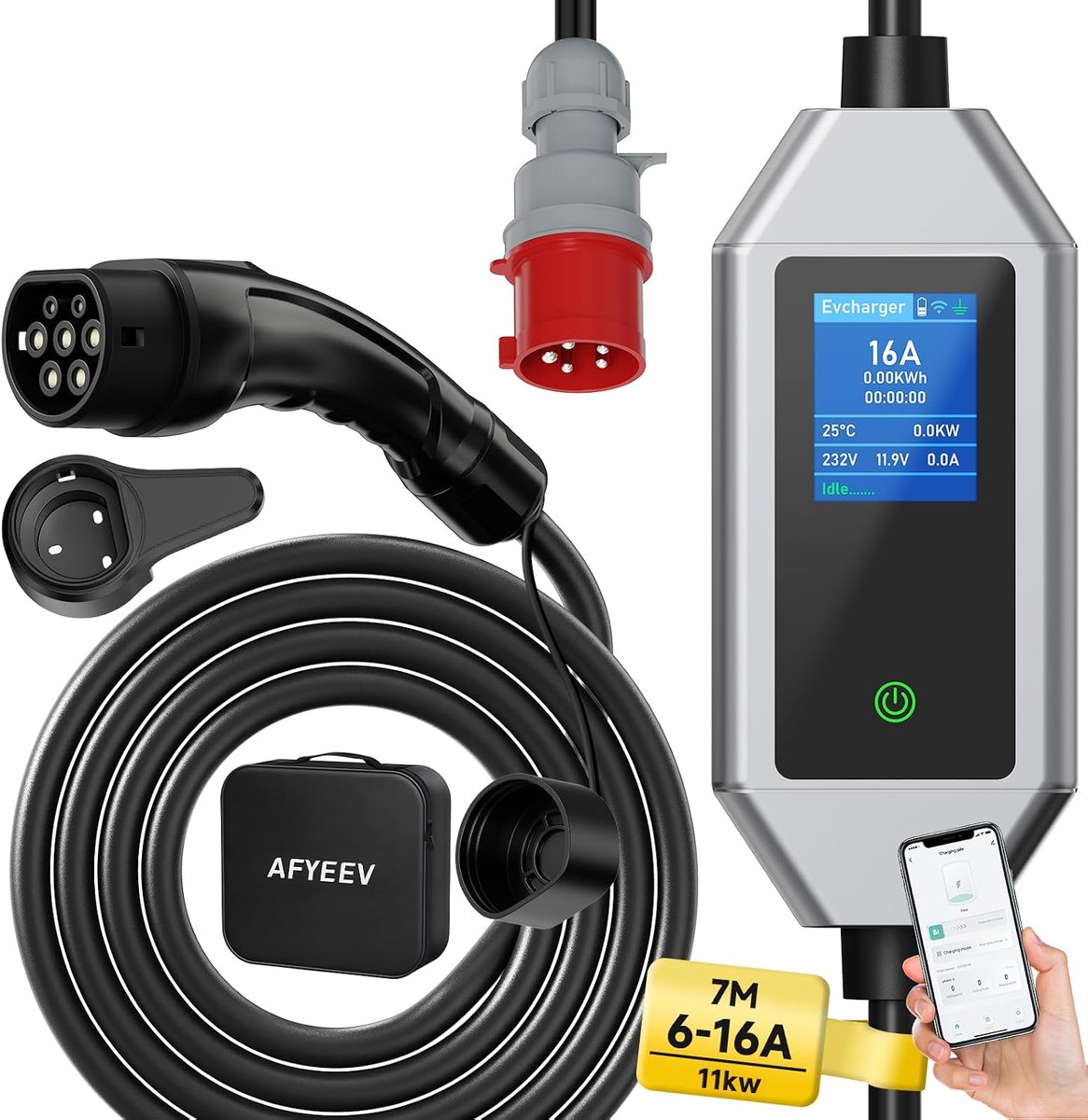SnelShoppen - Type 2 Oplaadkabel 11 kW, 7 m, 6-16 A, Driefasige Mobiele Wallbox met CEE Plug en App Verbinding, Voor Vertraging Opladen 1-15 Uur