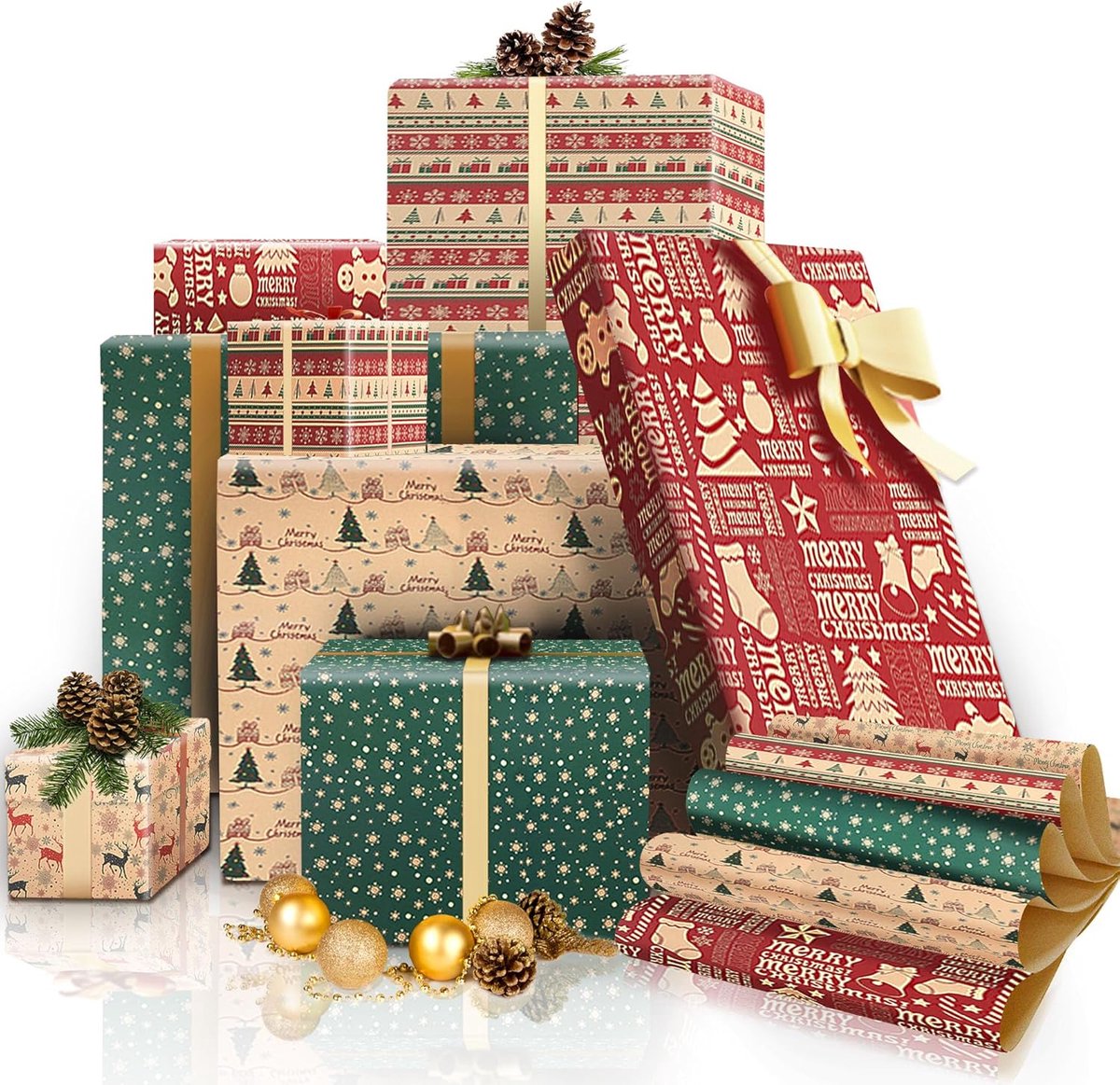 SnelShoppen - Vintage Kerstcadeau Inpakpapier Set 10 Vellen - Dikke Kraft Papieren met Retro Ontwerpen - 50x70cm voor Feestdagen, Verjaardagen en Gesc