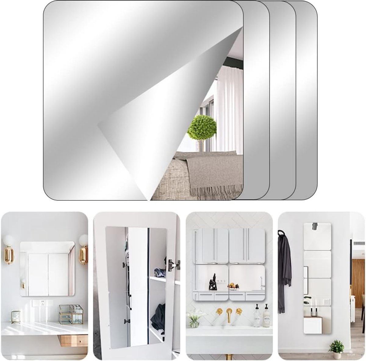 SnelShoppen - Set van 4 Zelfklevende Spiegels Stickers 15 x 15 cm, Acryl Spiegels voor Wanddecoratie, Thuis, School, Woonkamer, Badkamer, Slaapkamer,