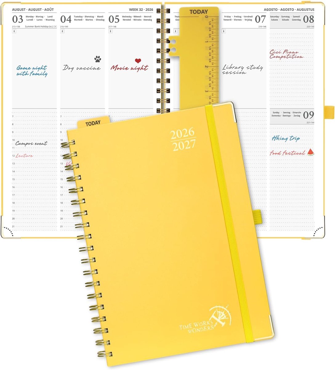 SnelShoppen - Weekplanner 2026-2027 A4 Spiral Boek - 17 Maanden Lichtgeel - FSC® Papier - School Agenda met 30-minuten Intervallen en Dikke Omslag