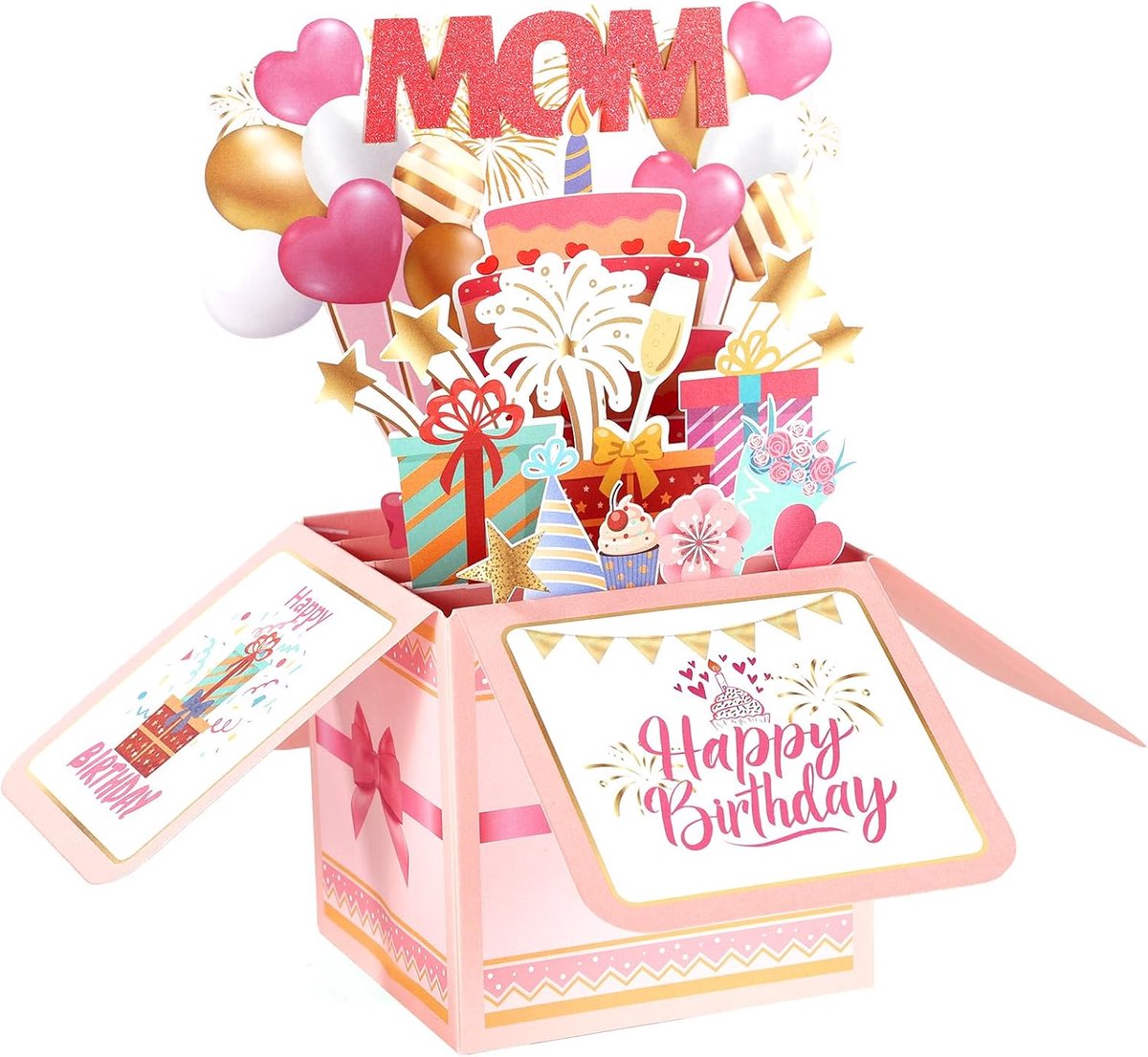 SnelShoppen - Happy Birthday Mom Pop Up Kaart - 3D Verjaardagskaart voor Moeder met Kleurrijke Ballonnen en Vuurwerk Taart - Creatieve Pop-Up Groetkaa