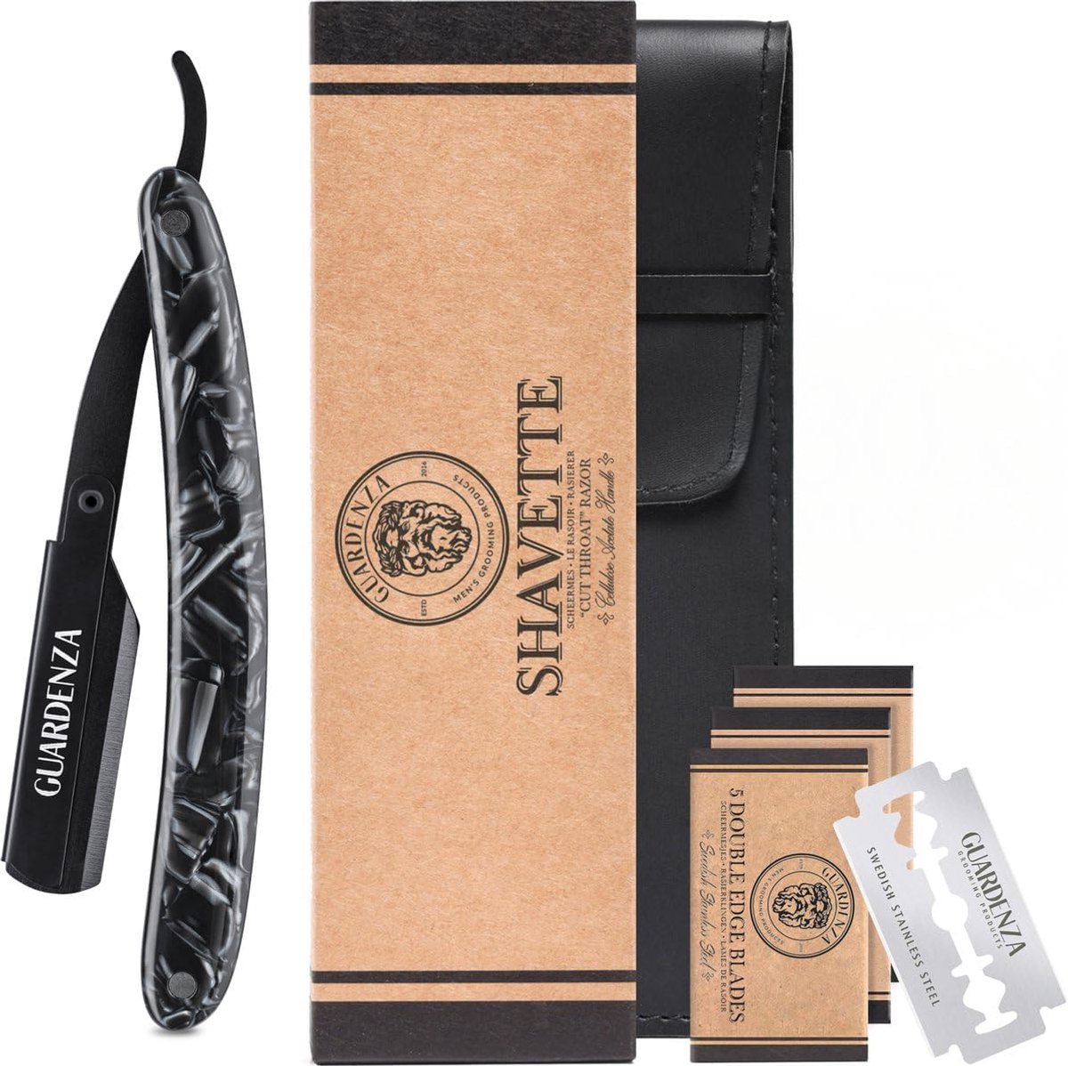 SnelShoppen - Guardenza Scheermes zwart acetaat (incl. 30 scheermesjes en etui) – rechtshandig scheermes – barber mes voor een nauwkeurige en comforta