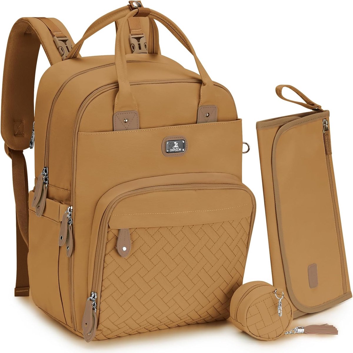 SnelShoppen - Grote Baby Diaper Bag met 19 Vakken, Ruime Luiertas voor Ouders, Inclusief Verschoonmat, Fopspeenhouder, Duurzaam Polyester, Tan