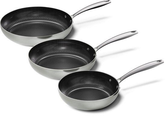 Cook & Pan - Honey Koekenpannenset 3-delig - PFAS vrij - Inductie Honingraat - Non stick - 7 jaar garantie - RVS