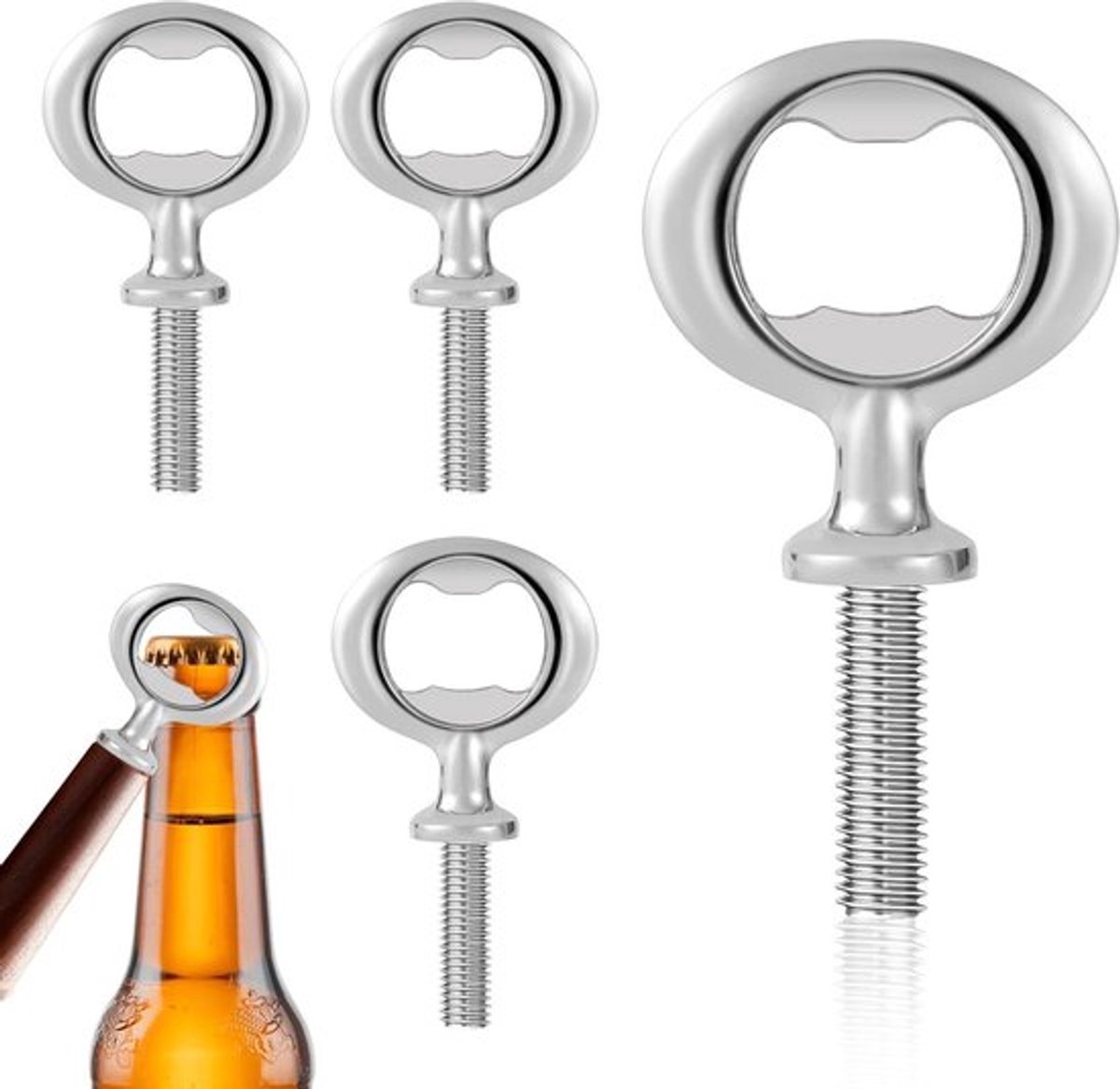 Flessenopener set met metalen schroefdraad en roestvrijstalen inzetstukken - 4 stuks, onbewerkt hout - voor thuis, pub, outdoor.