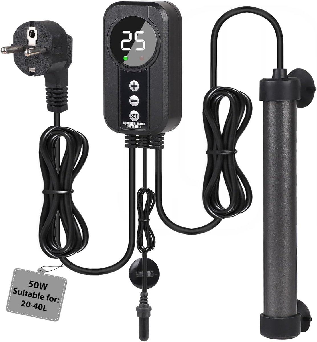 SnelShoppen - Titanium Aquarium Heater 50W met LED Display en Temperatuur Sensor, Verstelbare Verwarming voor Aquaria 20-40L, Geschikt voor Zoetwater