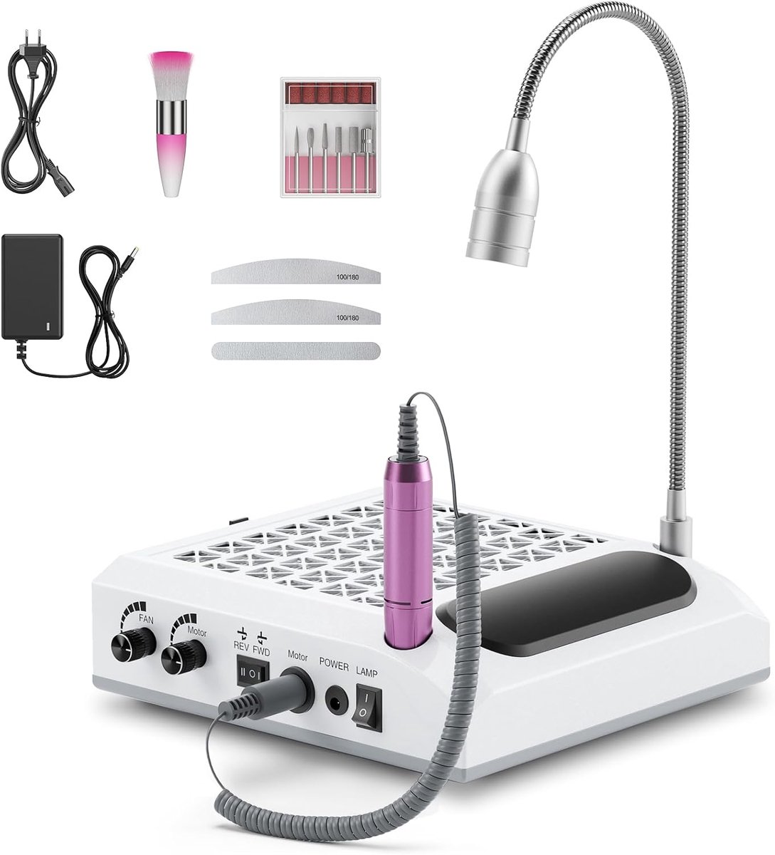 SnelShoppen - 4-in-1 Professionele Elektrische Nagel Cutter met 80W Vacuüm Cleaner, Wasbaar Filter, 30000 RPM, 5W Koude Witte LED Lamp, Wit