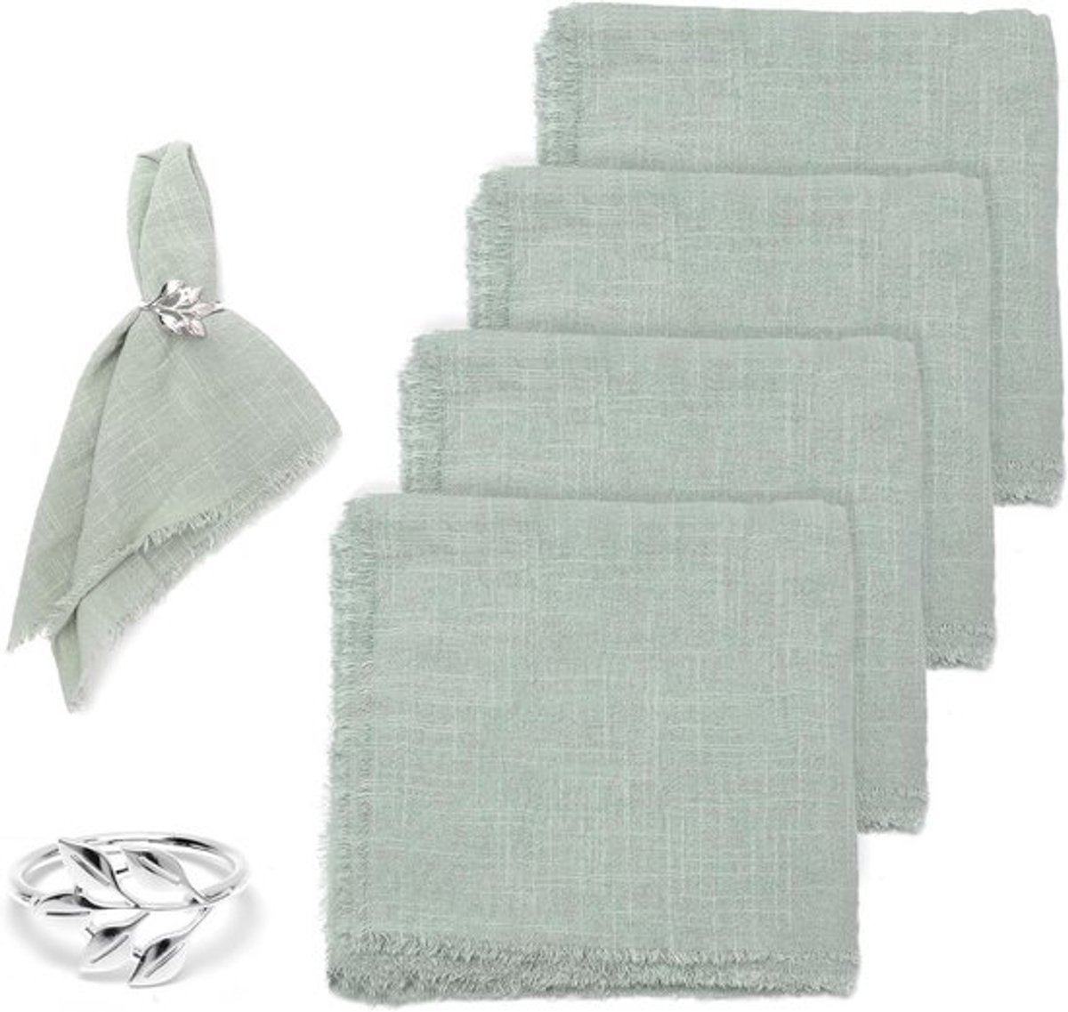 Set van 4 groene stoffen servetten met franjes, katoenen, wasbaar, 42 x 42 cm, voor bruiloft, restaurant, verjaardag