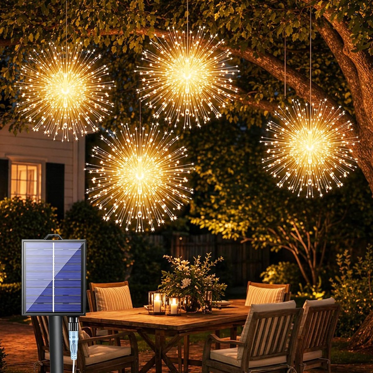SnelShoppen - 4 Stuks Solar Tuinverlichting Buiten, 360 LED Licht­snoer Waterdicht IP65 Vuurwerk Lamp Pustebloem, Decoratie voor Tuin, Balkon en Terra