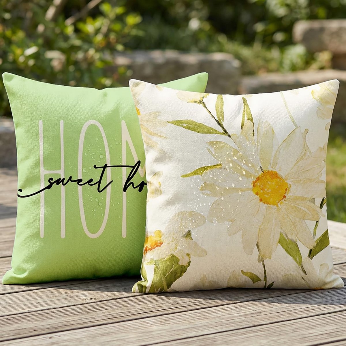 SnelShoppen - Waterproof Chrysanthemum Kussenhoezen Set van 2, 50 x 50 cm, Grijs-Groen met Witte Bloemen, 'Home Sweet Home' Print, Tuin, Balkon, Woonk