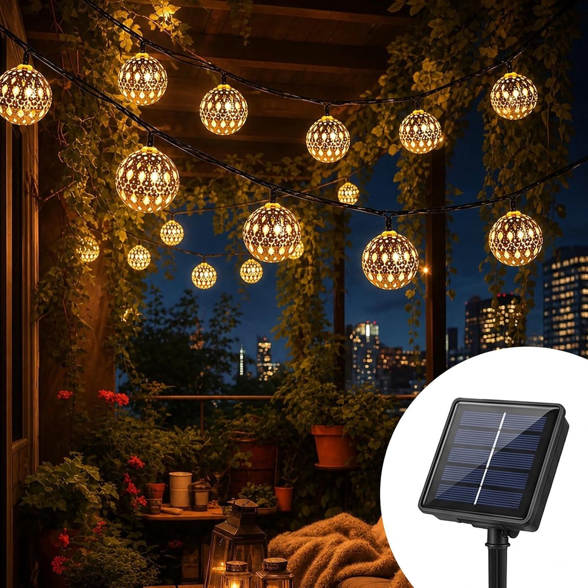 SnelShoppen - Lichtsnoer op zonne-energie voor buiten, 7 m, 50 Marokkaanse bollen, IP65 waterdicht, 8 lichtmodi, zilveren lichtsnoer voor tuin, balkon