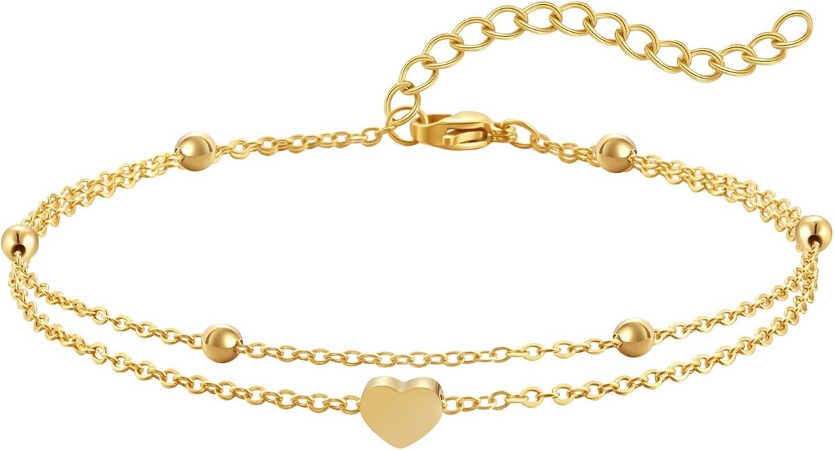 Elegante Dubbele Enkelband van RVS met Hart en Muntjes voor Vrouwen - Verstelbare Zilveren Voetjuwelen van 21 cm