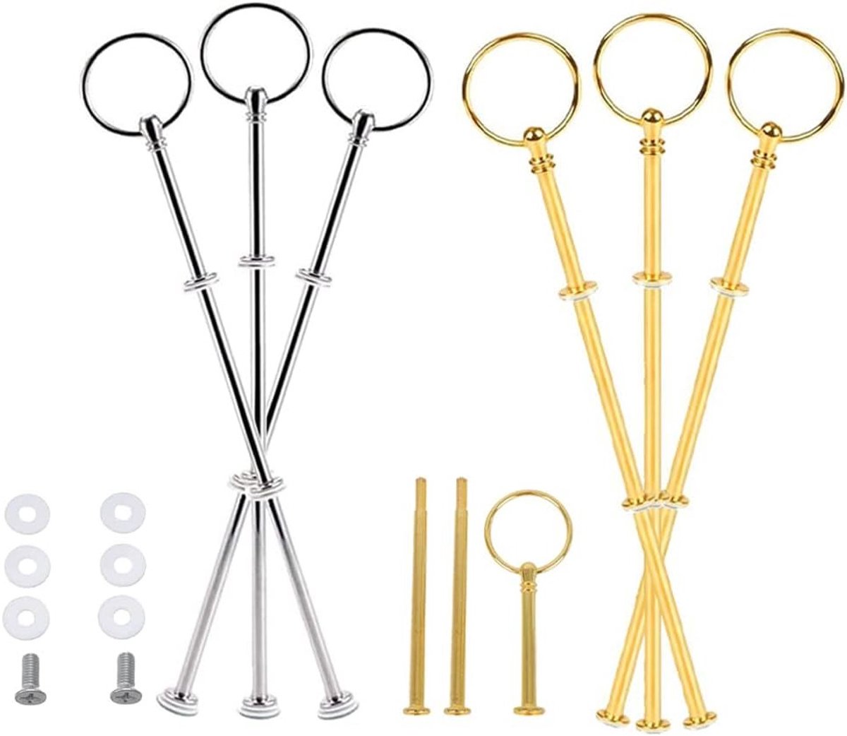 Set van 6 Laag Tangen met 3 Laag Cake Stand Set, Metalen Bar, Stabiliteit voor Bruidstaart, Buffet en Taartpresentatie (Goud/Zilver)