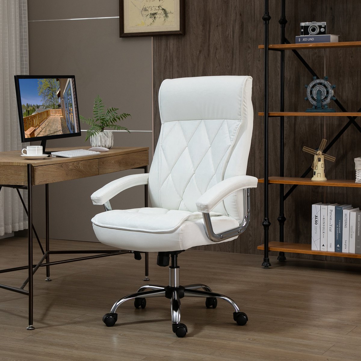 DESMIU Bureaustoel 66 x 69 x 121 cm - Ergonomisch Hoog Rugontwerp Met Wipfunctie En Draaibare Zitting - Voor Thuiskantoor - Kunstleer - Wit