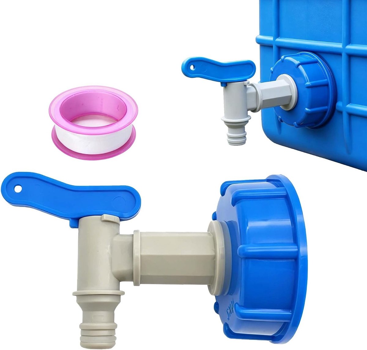 Watertankadapter S60x6 voor IBC-tankaccessoires, uitloopnippel, regenton en klepkraan, blauw, 16 mm