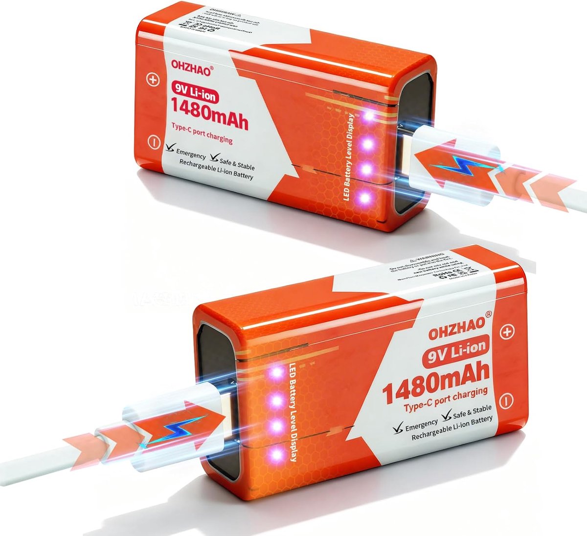 SnelShoppen - 9V Oplaadbare Batterijen - 1480 mAh Lithium-Ion Blok Batterijen - Snelle Oplading via USB-C - Perfect voor Rookmelders, Brandmelders, Mu