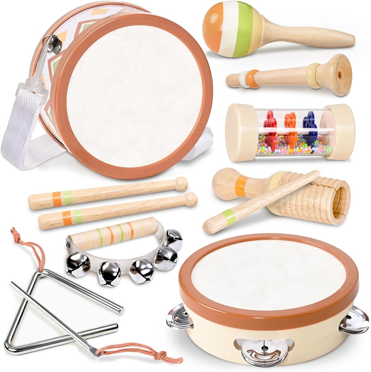 SnelShoppen - 10-in-1 Montessori Houten Muziek Speelgoed Set voor Kinderen van 1-6 Jaar, Inclusief Trommel, Tambourine, Fluit en Meer, Perfect voor Mu