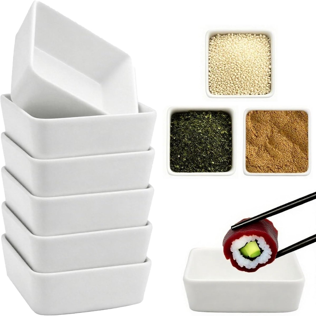 SnelShoppen - Set van 6 Keramische Sojasauskommen - Vierkante Dipschalen 8.2x8.2x3 cm - Stapelbare Mini Serveerkommen - Perfect voor Sushi en Ketchup