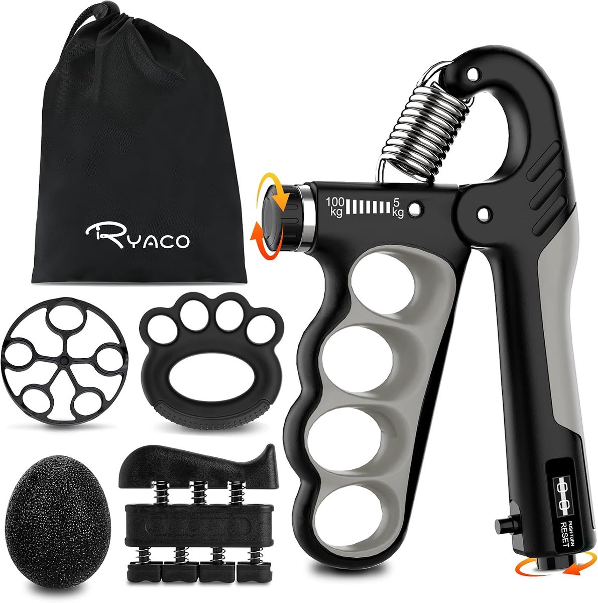 SnelShoppen - Handtrainer Set voor Greepkracht - Vingertrainer, Verstelbare Onderarmgrijper (5-100 kg), Vingerstreker, Greepring, Stressbal - Compleet
