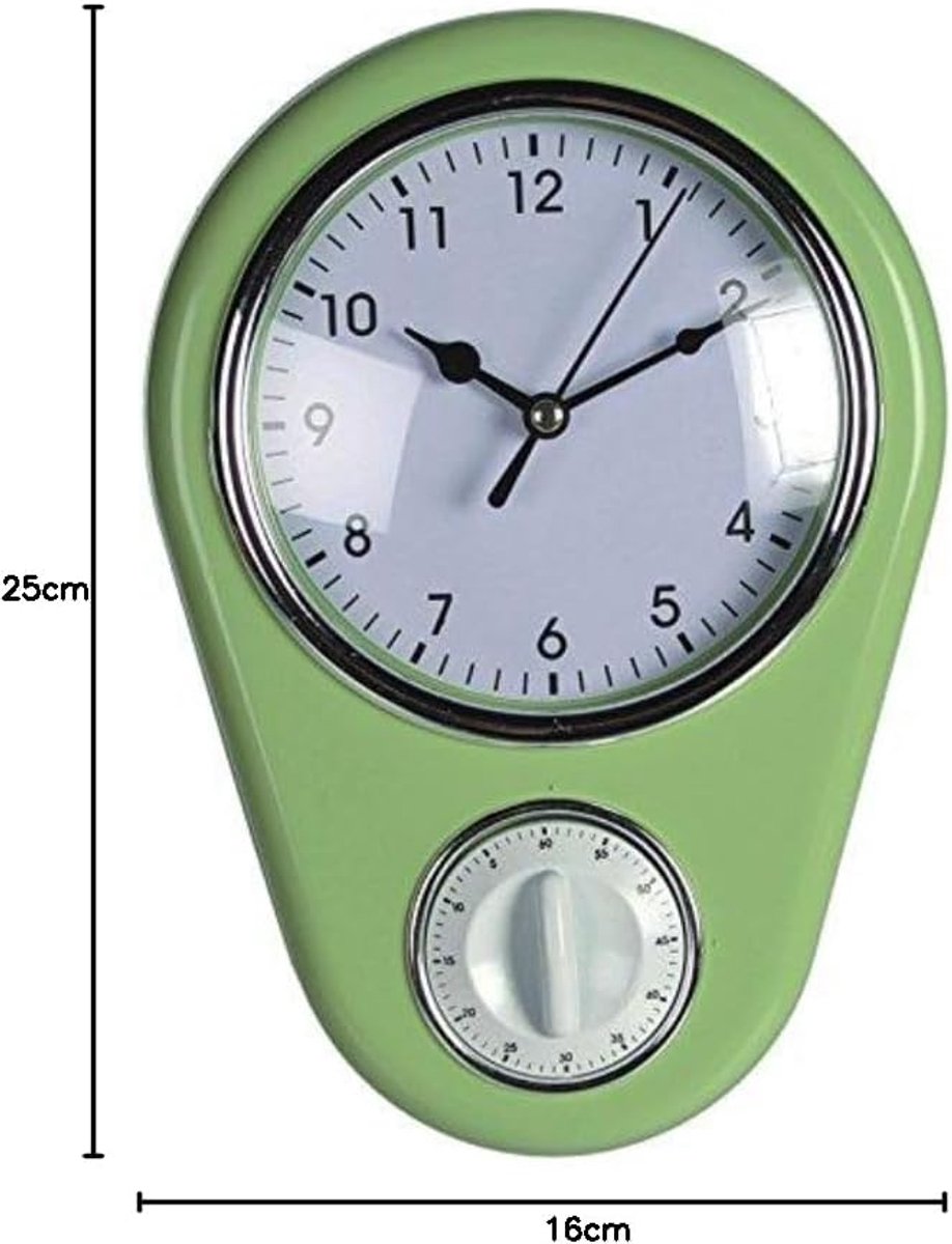 SnelShoppen - Retro wandklok 'Keuken' in 50s stijl met timer groen, quartz uurwerk, kunststof, 22.5 x 16 x 4.5 cm, perfect voor in de keuken