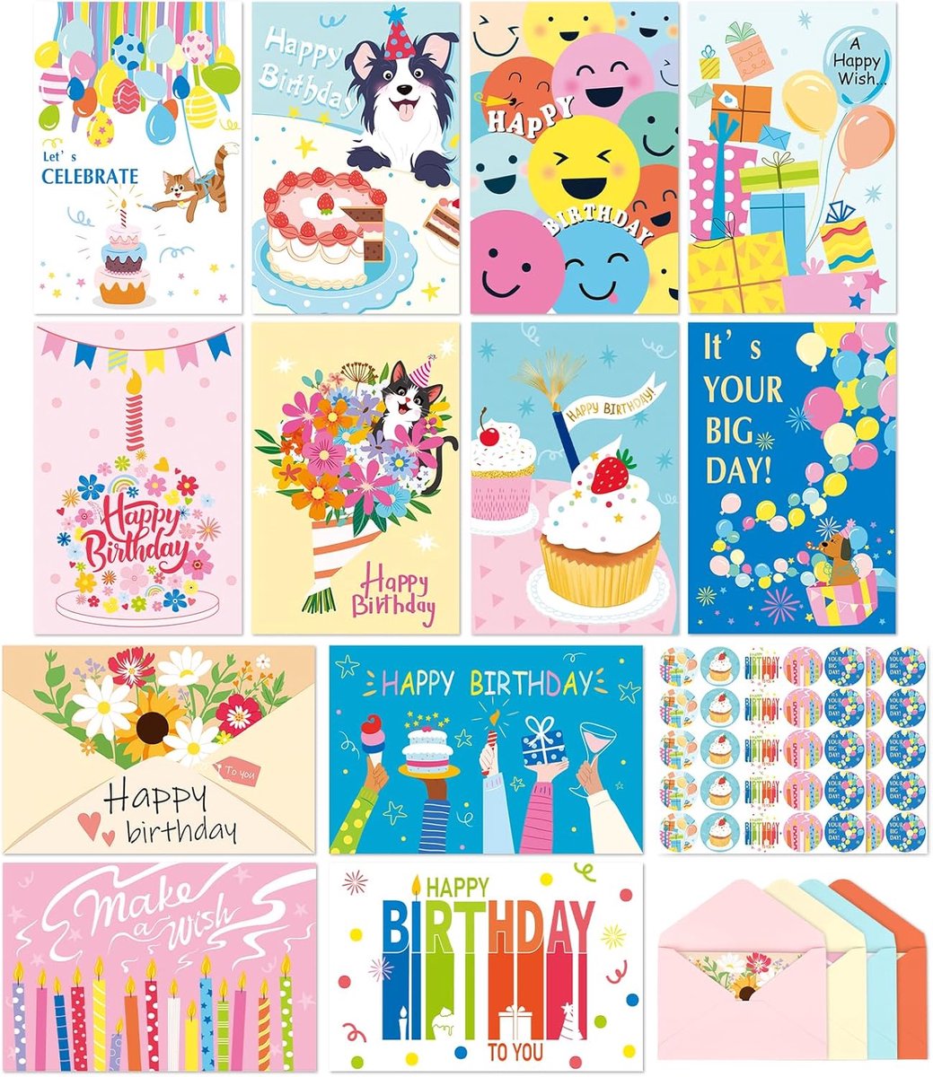 SnelShoppen - 48 Verjaardagskaarten Assortiment - 12 Unieke Ontwerpen - 10 x 15 cm - Inclusief 50 Stickers en 48 Enveloppen - Perfect voor Vrienden, F